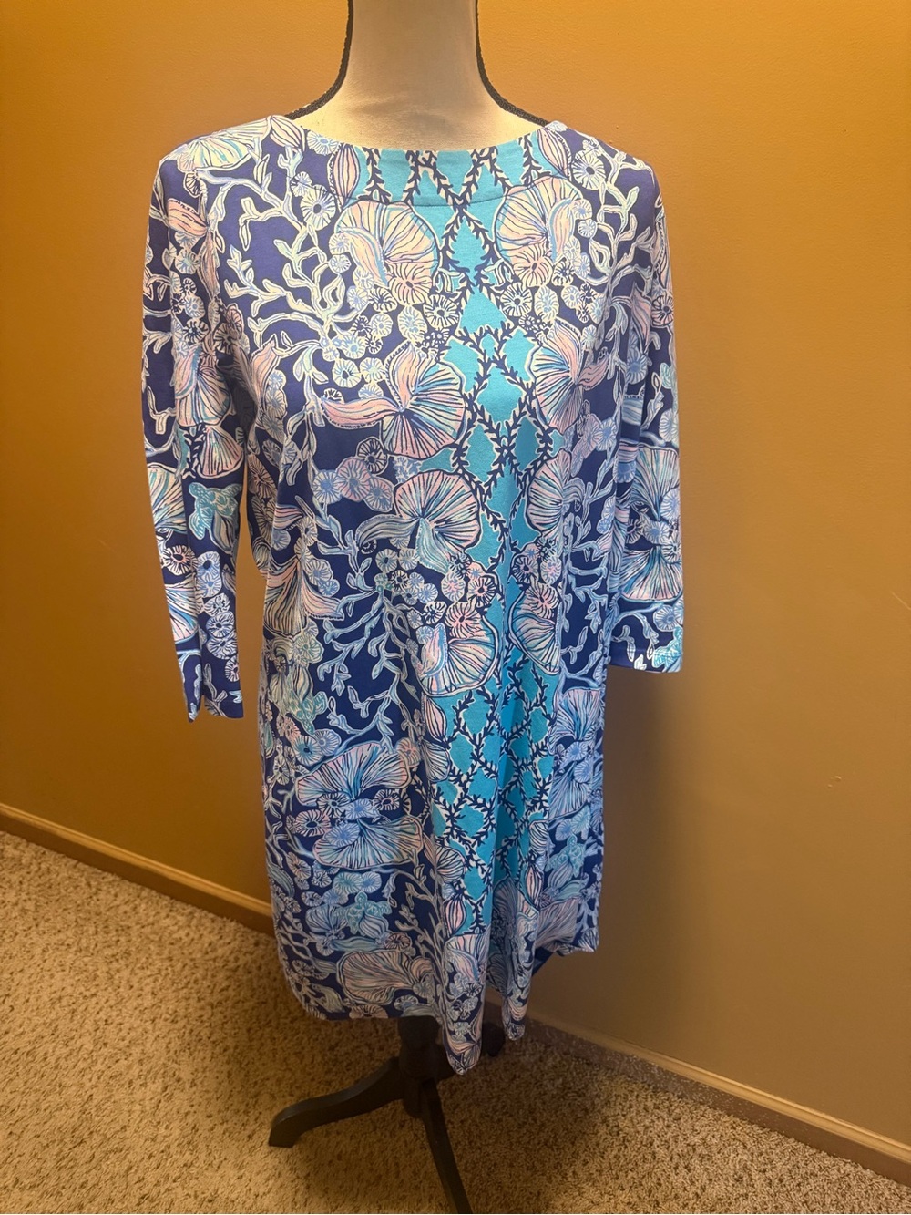 Lilly Pulitzer Bay Dress in Lapis Lazuli sea life print  3/4 sleeves sz XL
